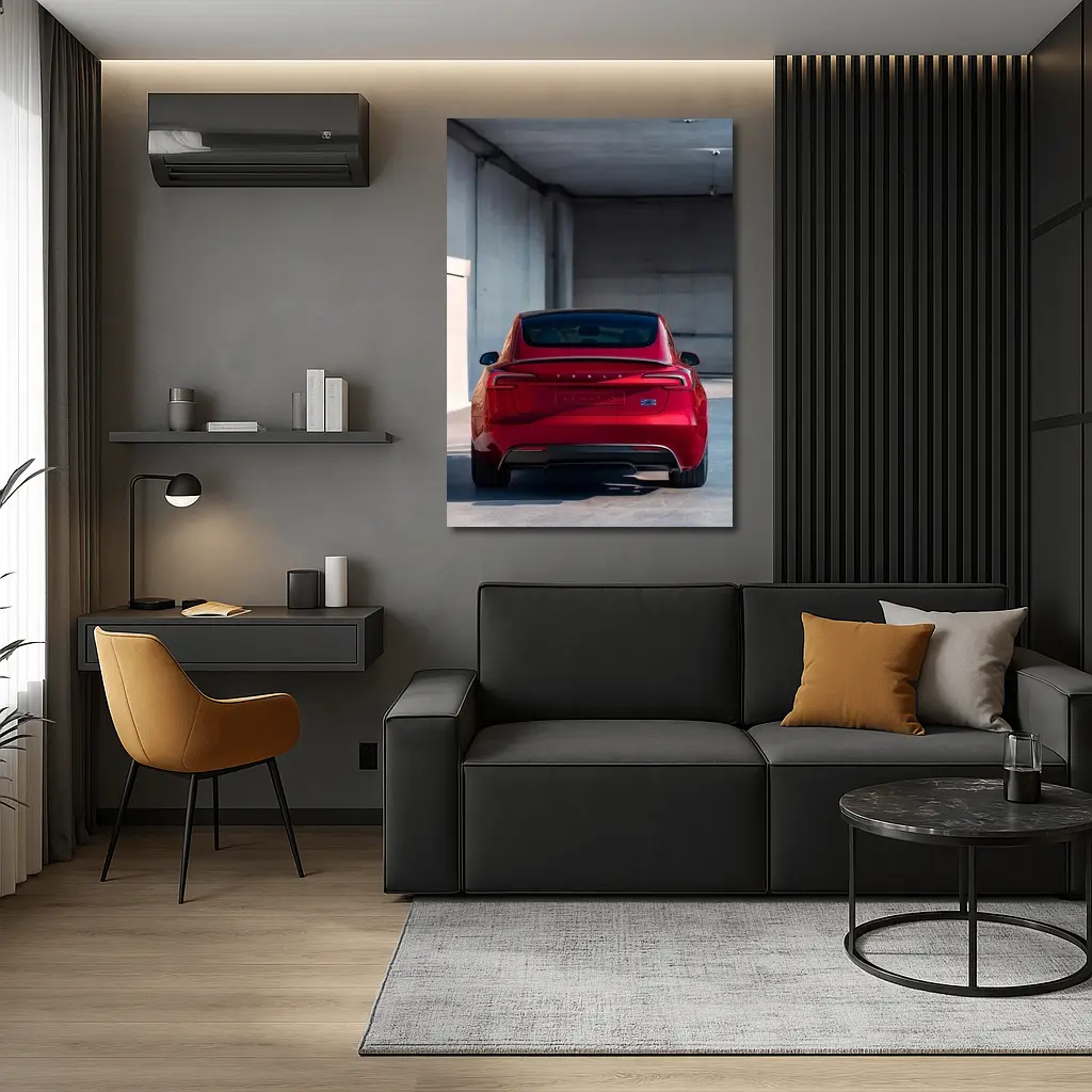 Red Tesla Model Three Rear Parking Garage – Wall Art