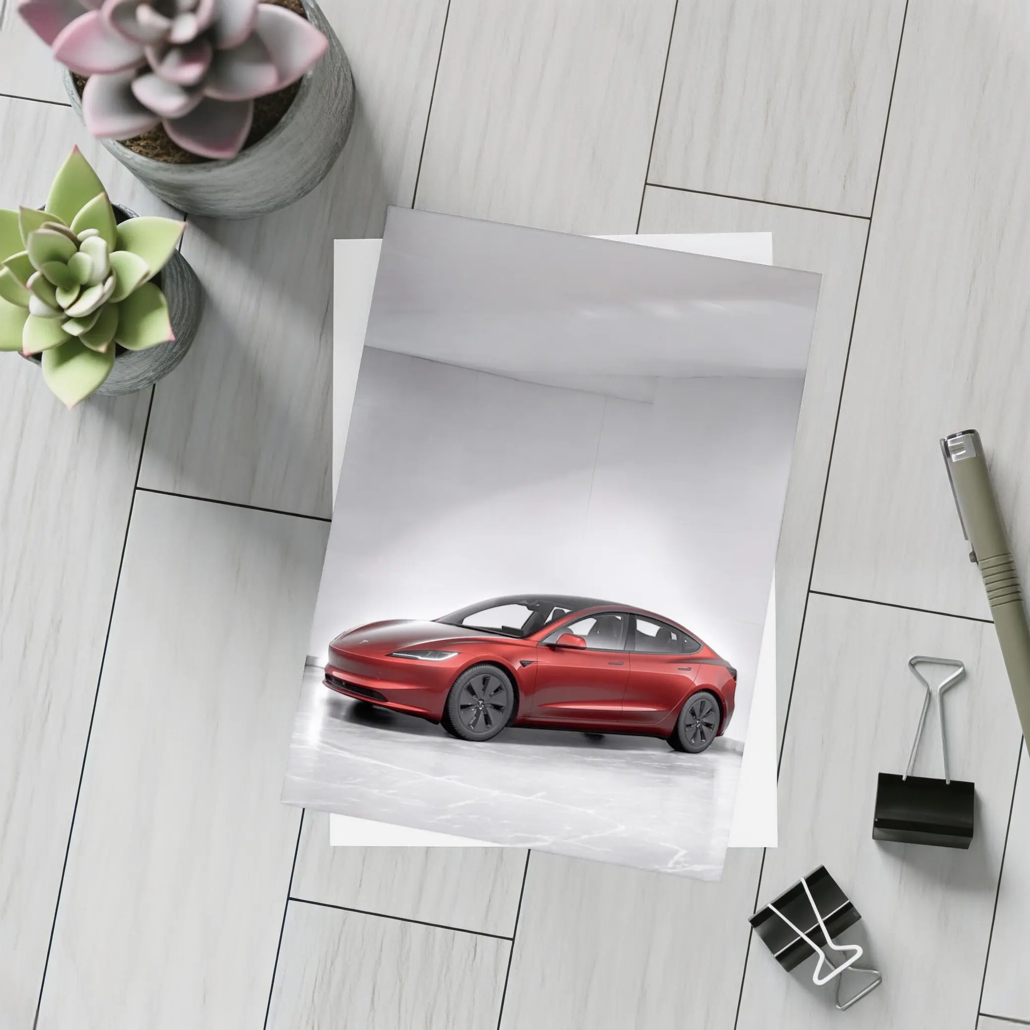 Tesla Model 3 Red Car Studio Background – Postcards