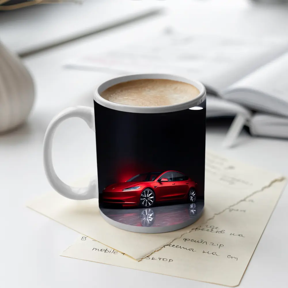 Red Tesla Model 3 Dark Studio Floor – Mugs