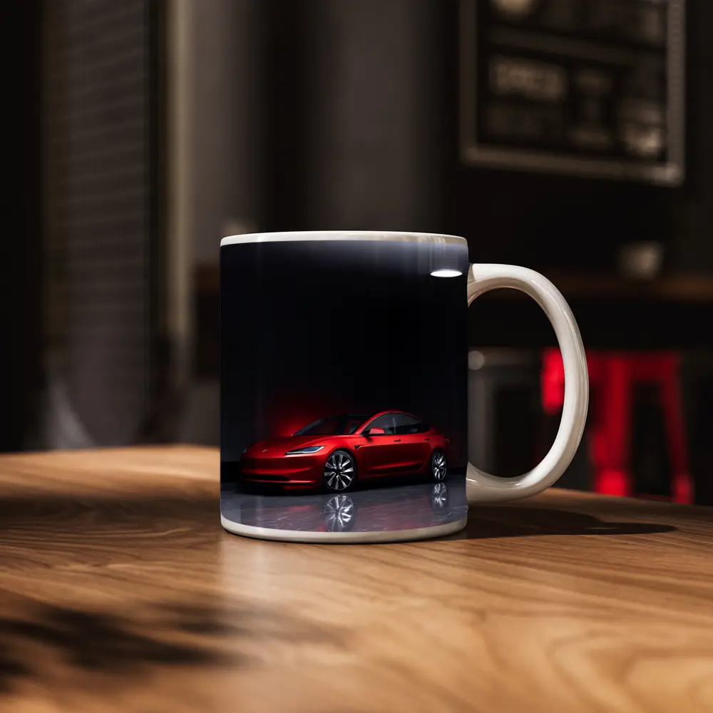 Red Tesla Model 3 Dark Studio Floor – Mugs