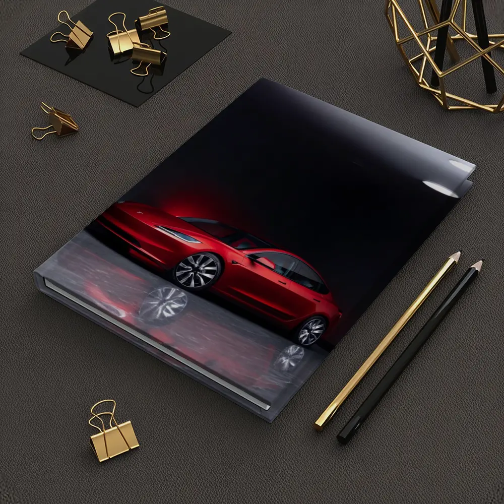 Red Tesla Model 3 Dark Studio Floor – Notebooks