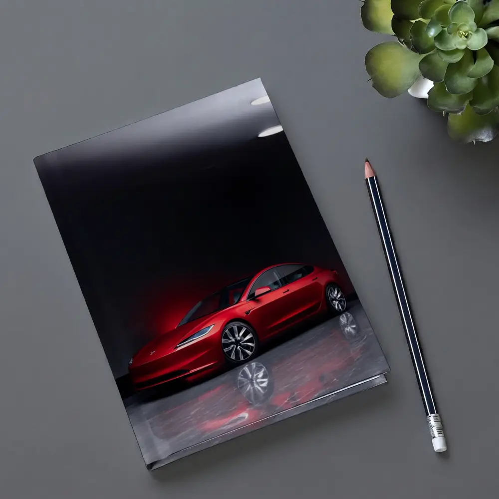 Red Tesla Model 3 Dark Studio Floor – Notebooks