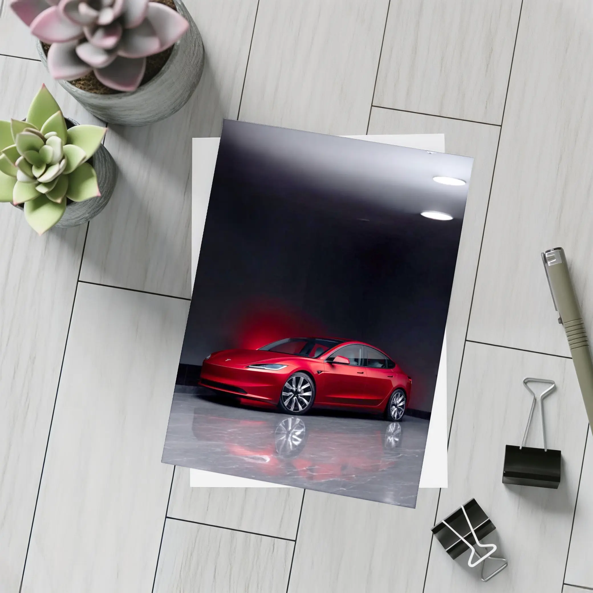 Red Tesla Model 3 Dark Studio Floor – Postcards