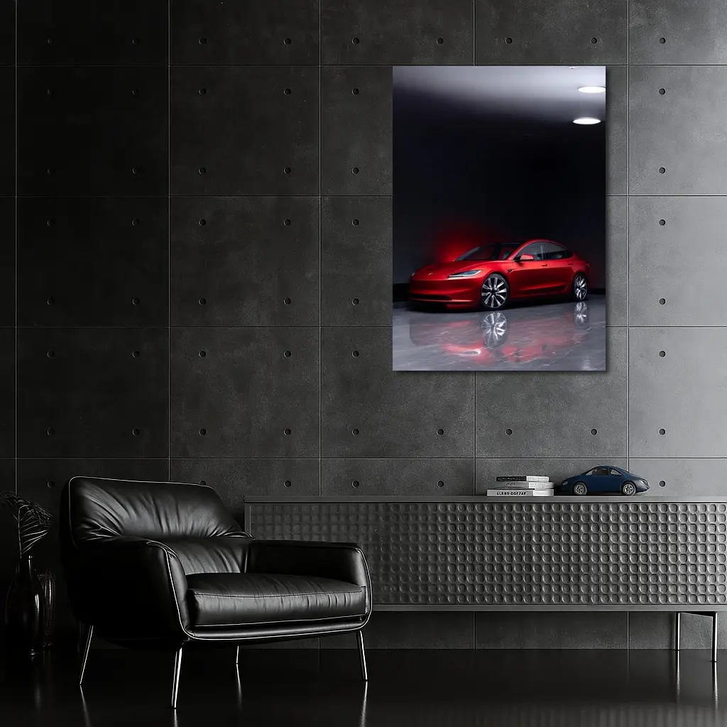 Red Tesla Model 3 Dark Studio Floor – Wall Art