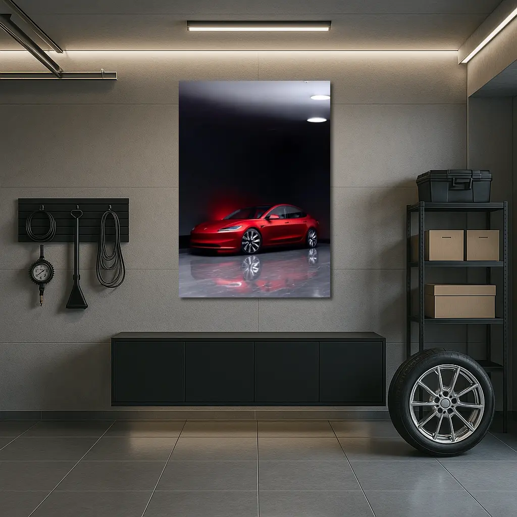 Red Tesla Model 3 Dark Studio Floor – Wall Art