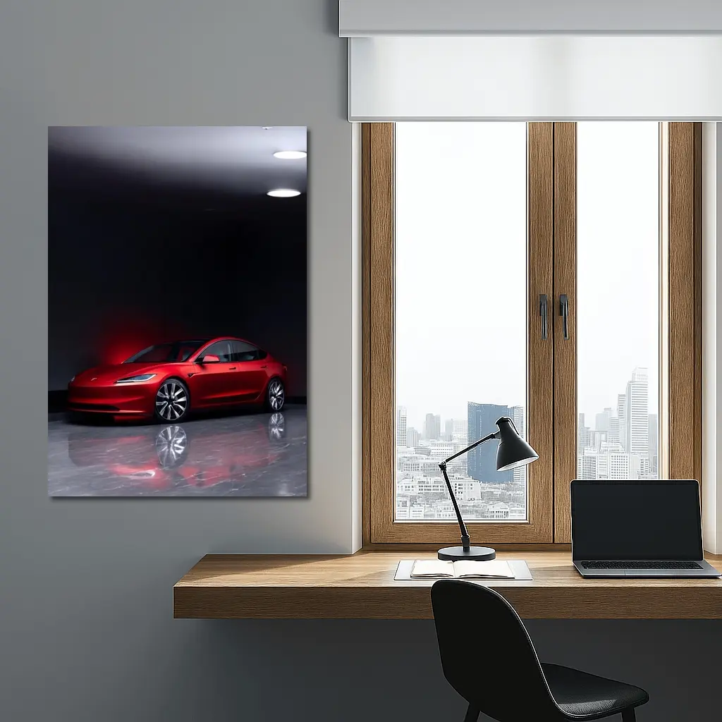 Red Tesla Model 3 Dark Studio Floor – Wall Art