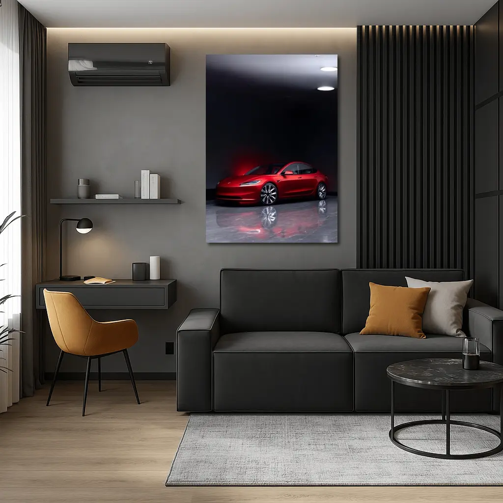 Red Tesla Model 3 Dark Studio Floor – Wall Art
