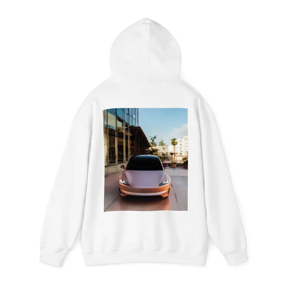 Tesla Model 3 Parked Outside Modern Building – Hoodies