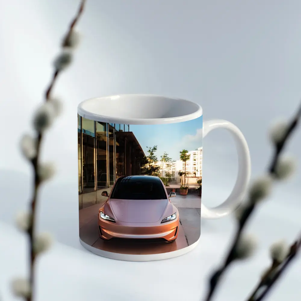 Tesla Model 3 Parked Outside Modern Building – Mugs