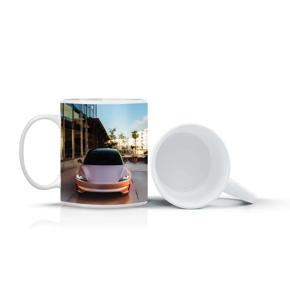 Tesla Model 3 Parked Outside Modern Building – Mugs