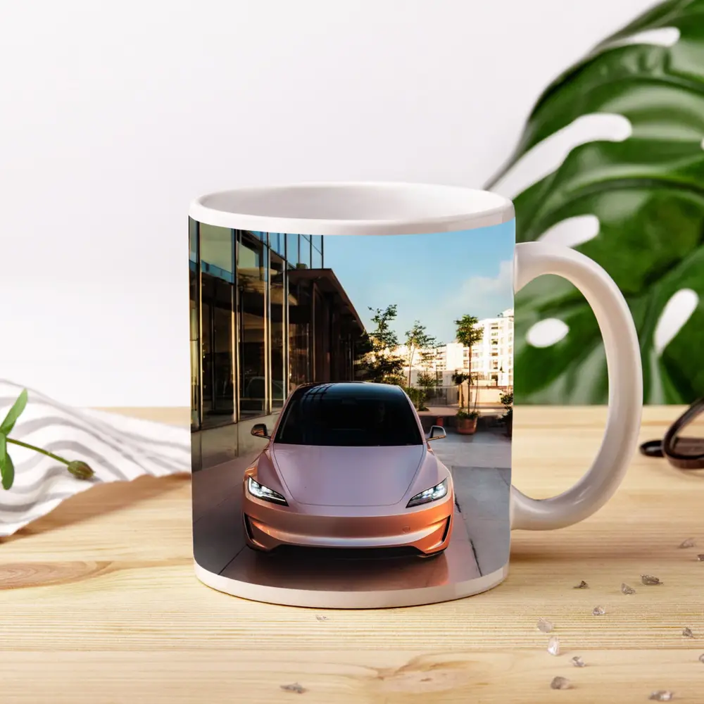 Tesla Model 3 Parked Outside Modern Building – Mugs