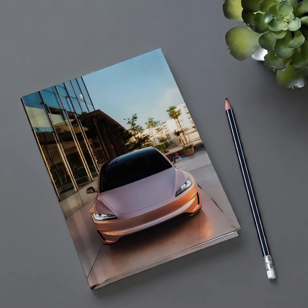 Tesla Model 3 Parked Outside Modern Building – Notebooks