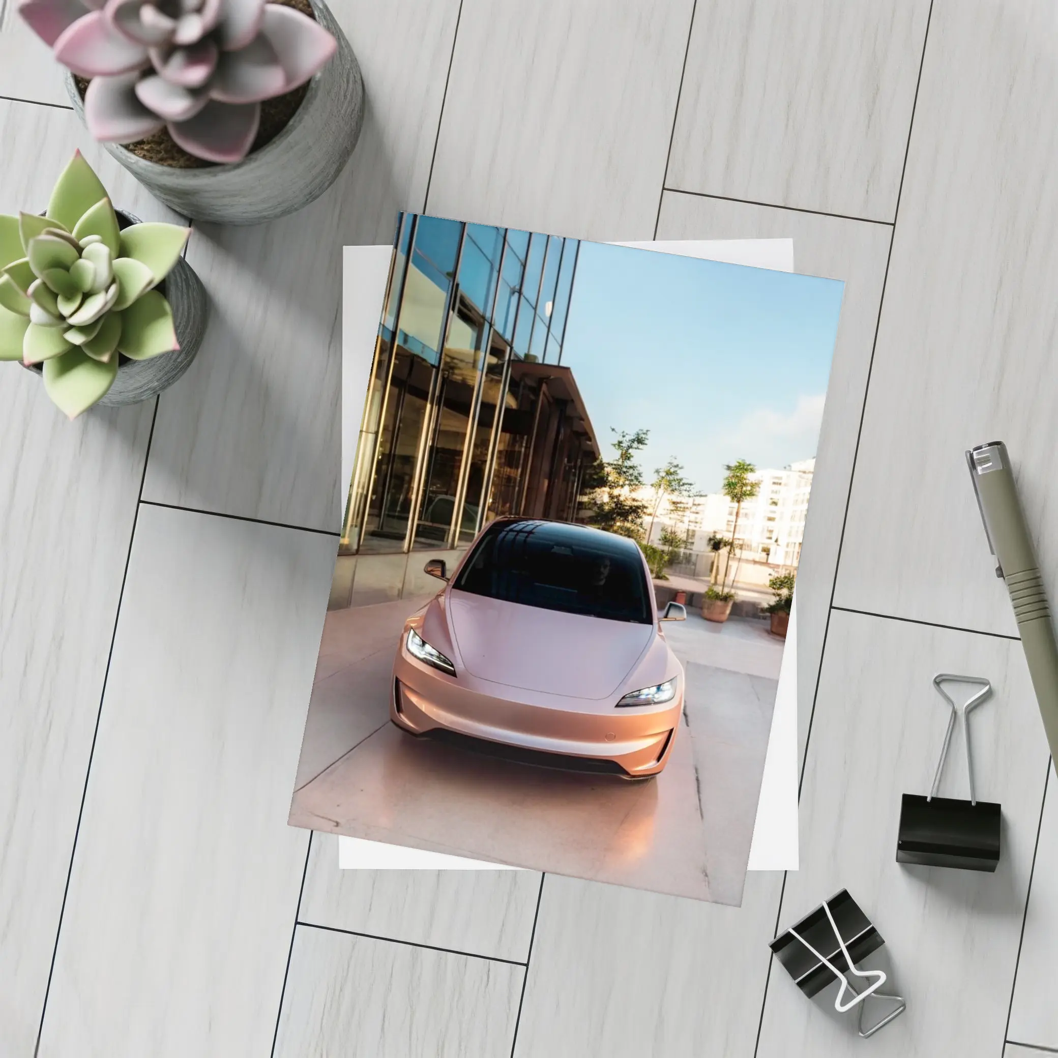 Tesla Model 3 Parked Outside Modern Building – Postcards
