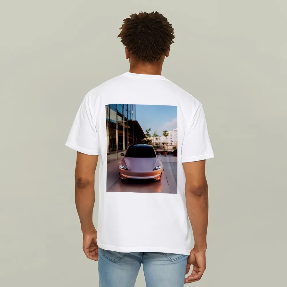 Tesla Model 3 Parked Outside Modern Building – T-Shirts