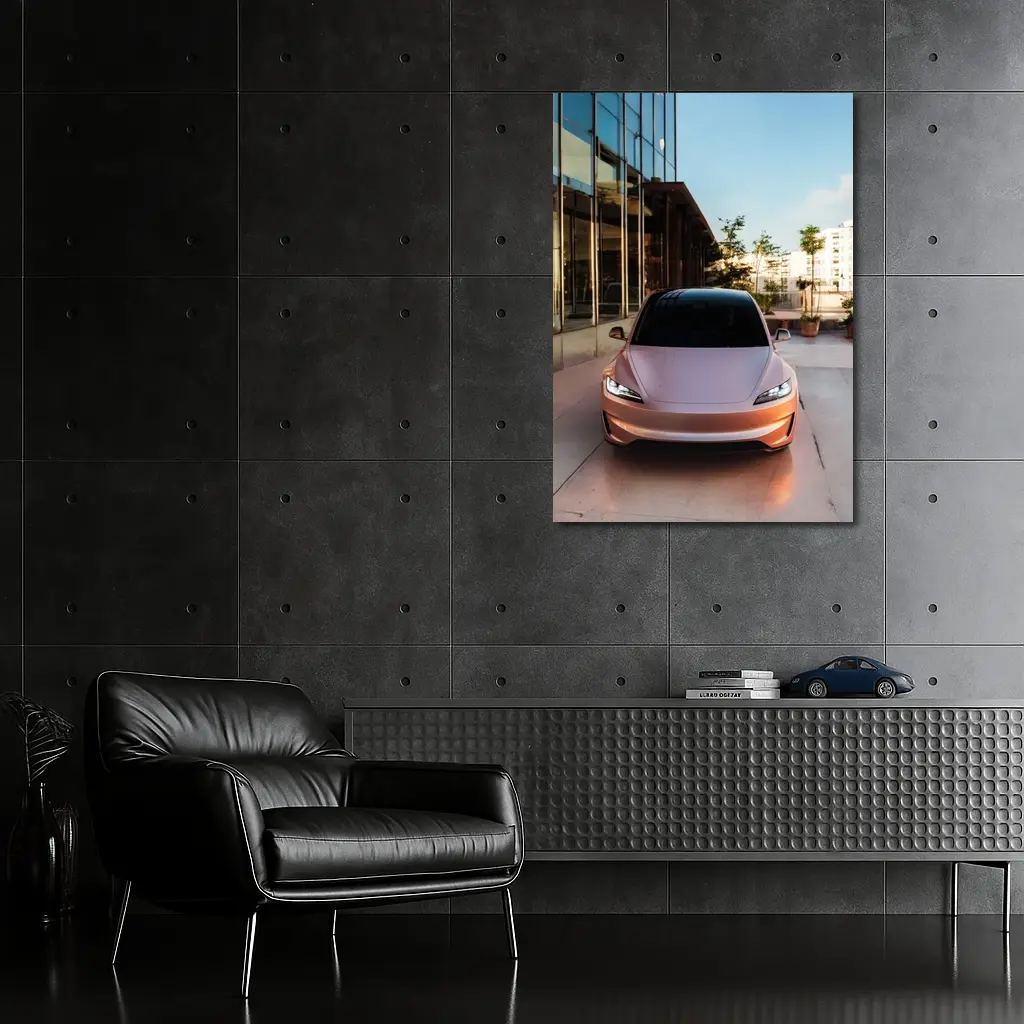 Tesla Model 3 Parked Outside Modern Building – Wall Art