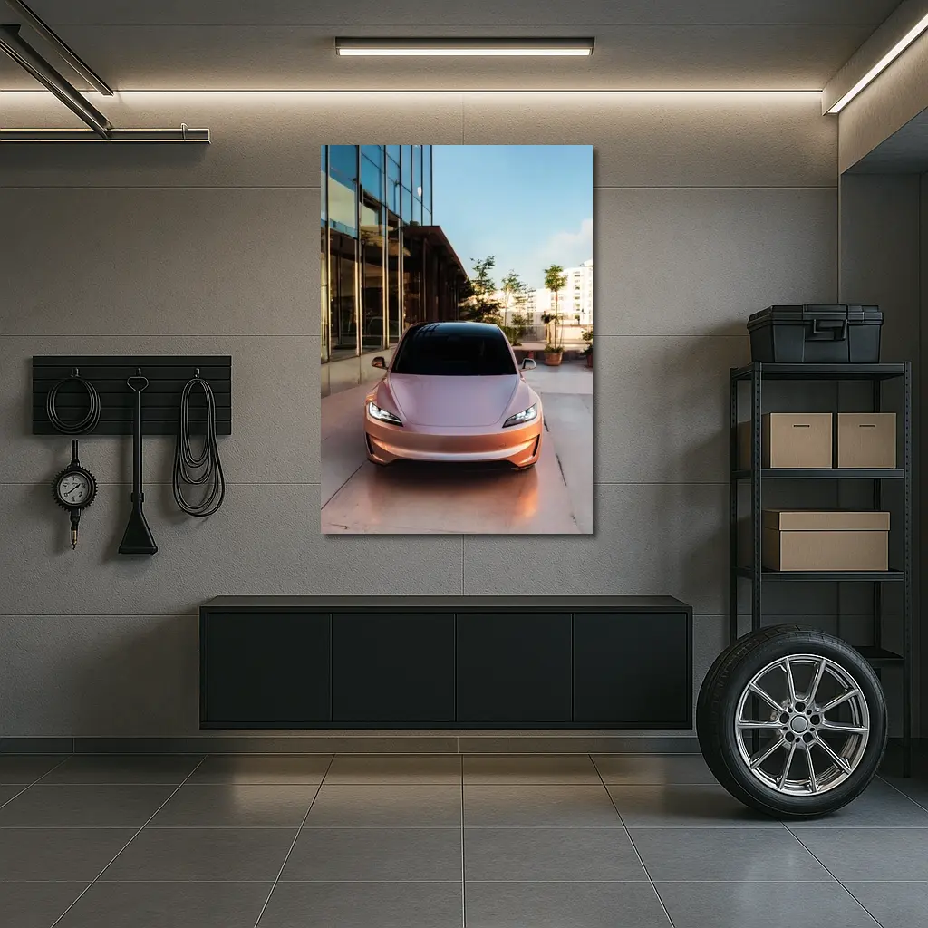 Tesla Model 3 Parked Outside Modern Building – Wall Art