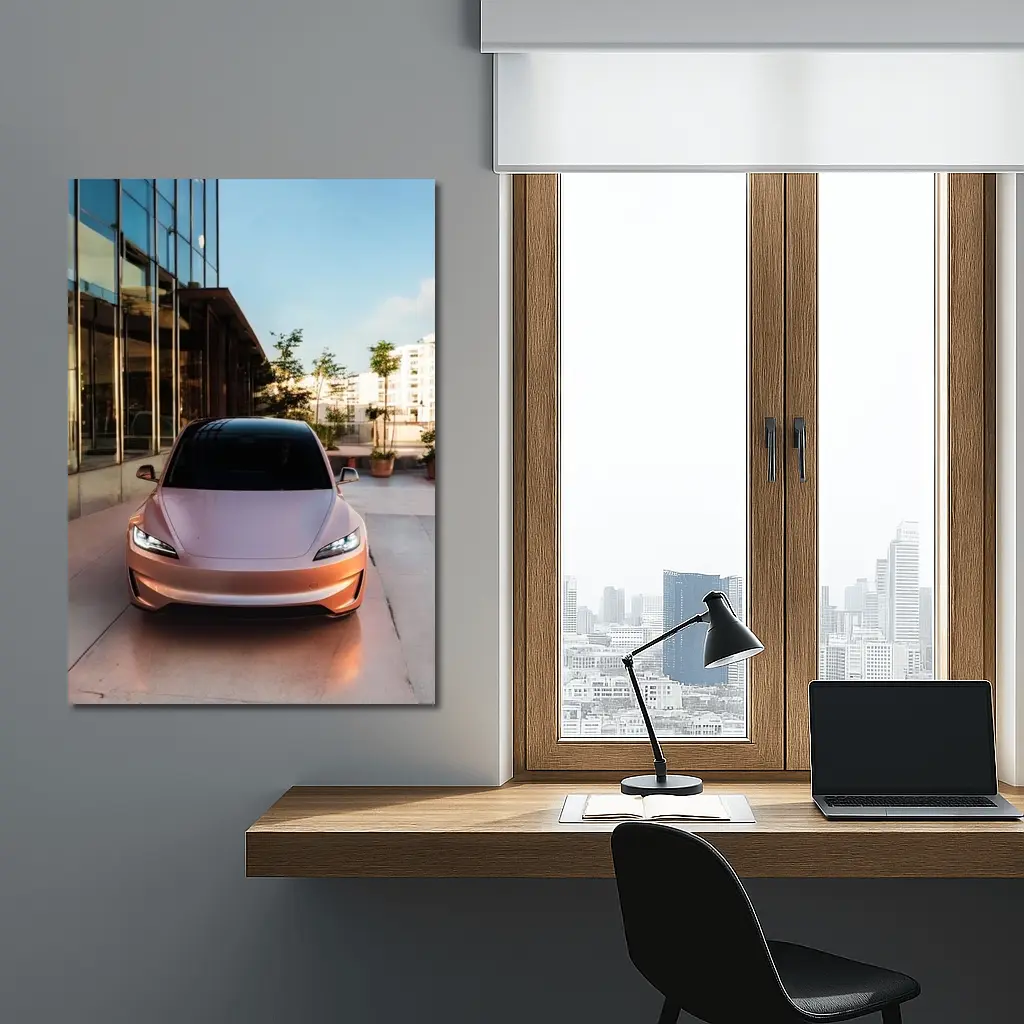 Tesla Model 3 Parked Outside Modern Building – Wall Art