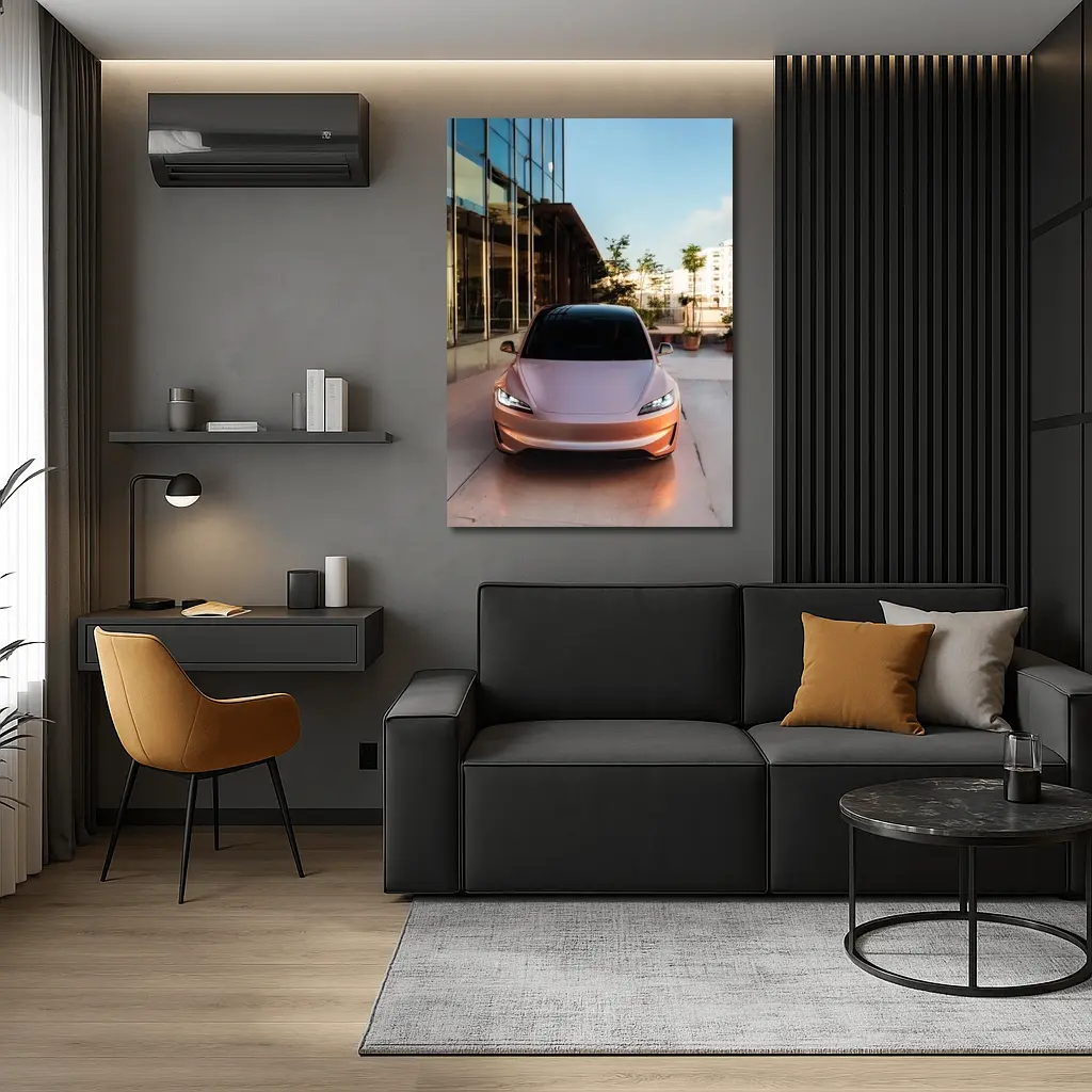 Tesla Model 3 Parked Outside Modern Building – Wall Art