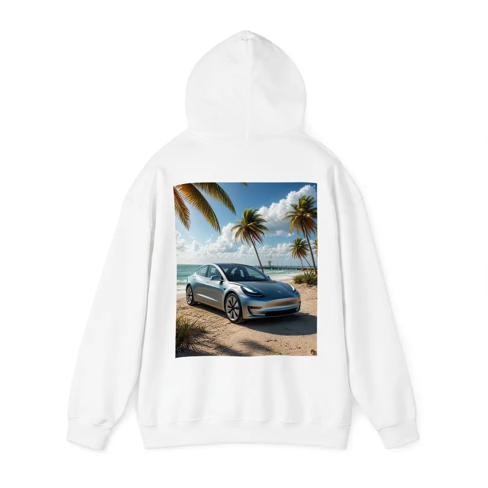 Tesla Model 3 Parked on Tropical Beach – Hoodies