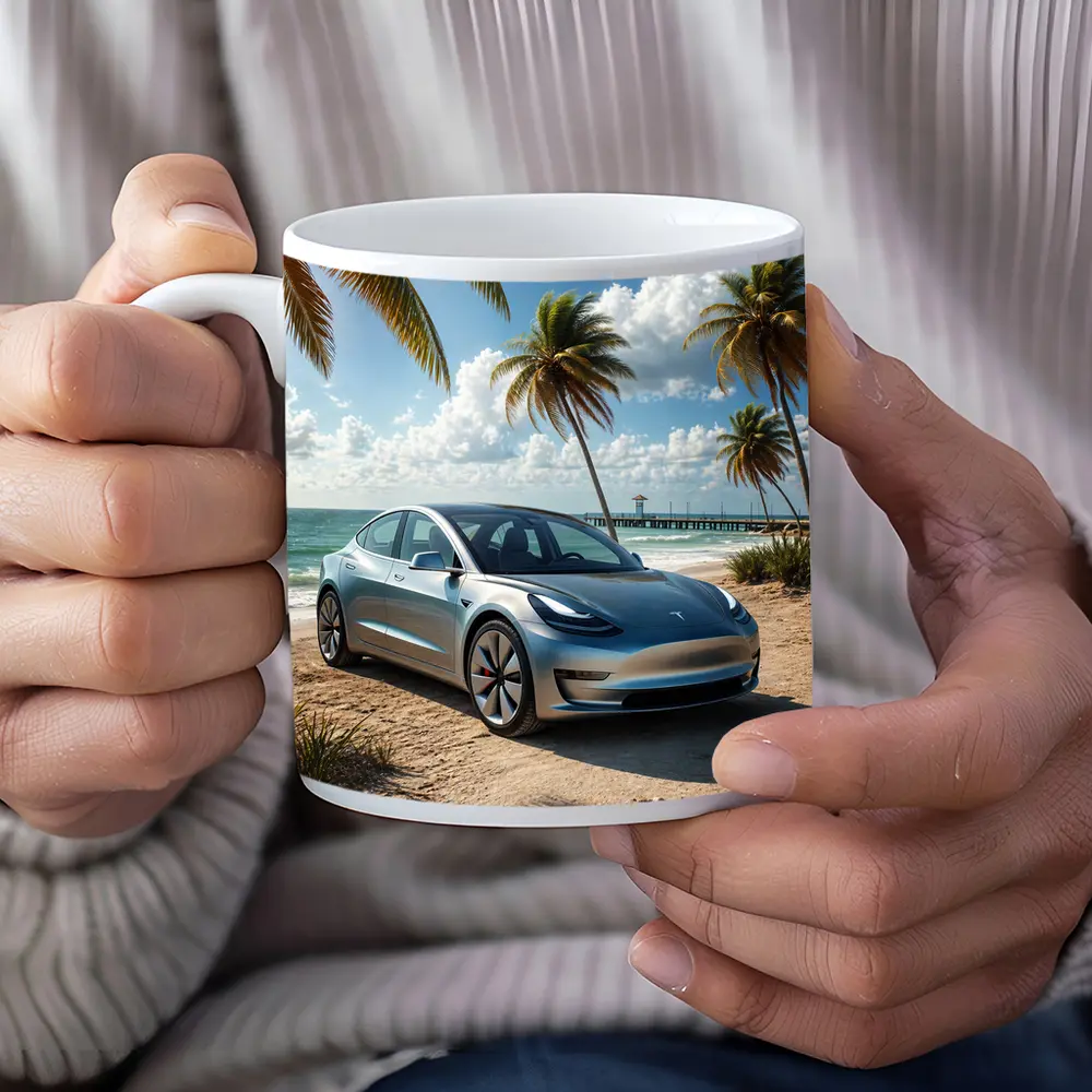 Tesla Model 3 Parked on Tropical Beach – Mugs