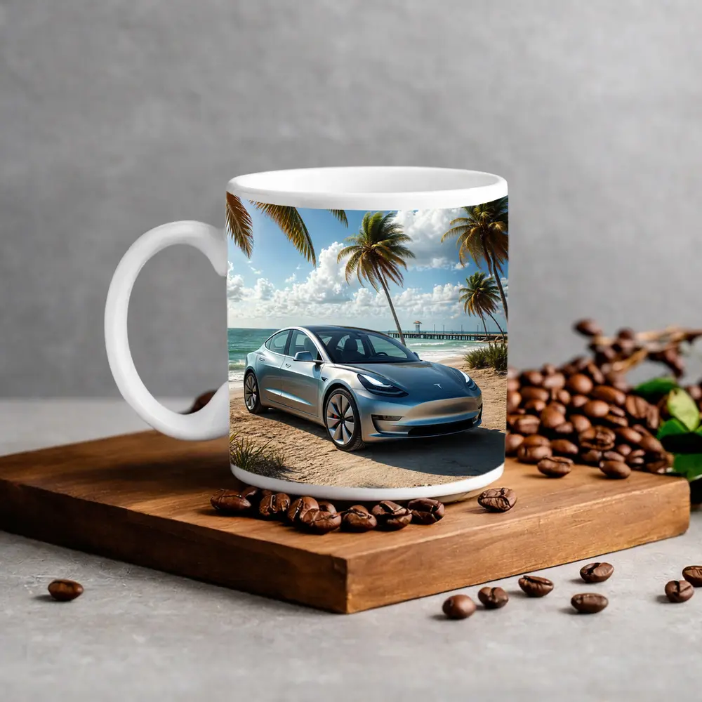 Tesla Model 3 Parked on Tropical Beach – Mugs