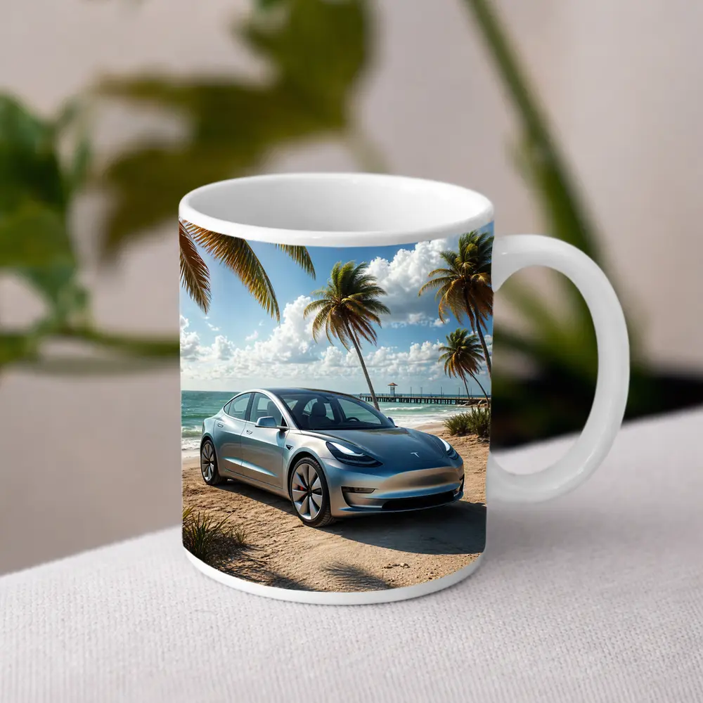 Tesla Model 3 Parked on Tropical Beach – Mugs