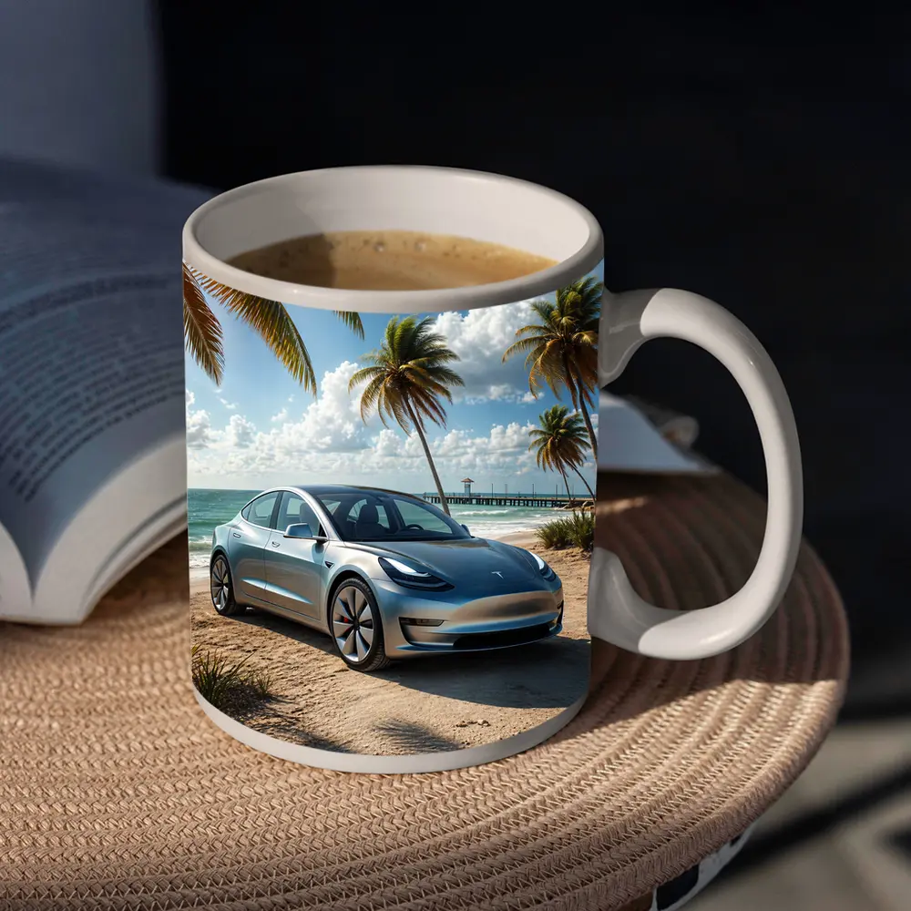 Tesla Model 3 Parked on Tropical Beach – Mugs