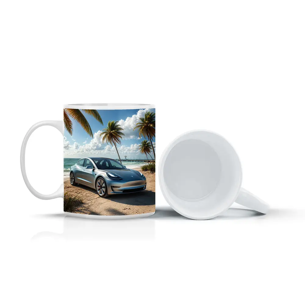 Tesla Model 3 Parked on Tropical Beach – Mugs