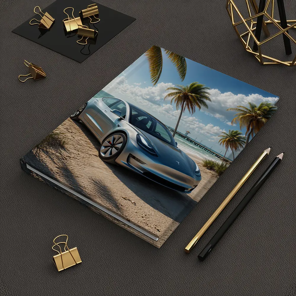 Tesla Model 3 Parked on Tropical Beach – Notebooks