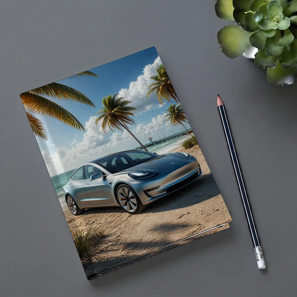 Tesla Model 3 Parked on Tropical Beach – Notebooks