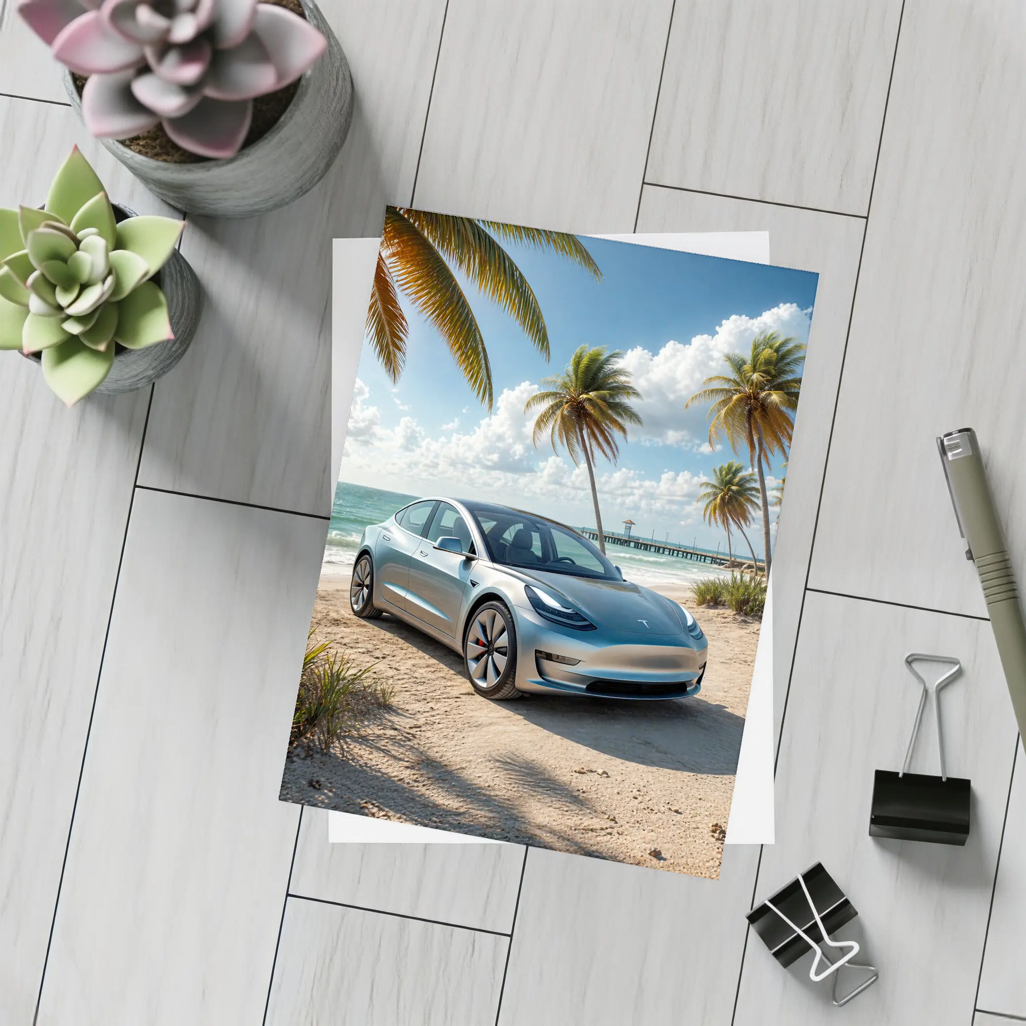 Tesla Model 3 Parked on Tropical Beach – Postcards
