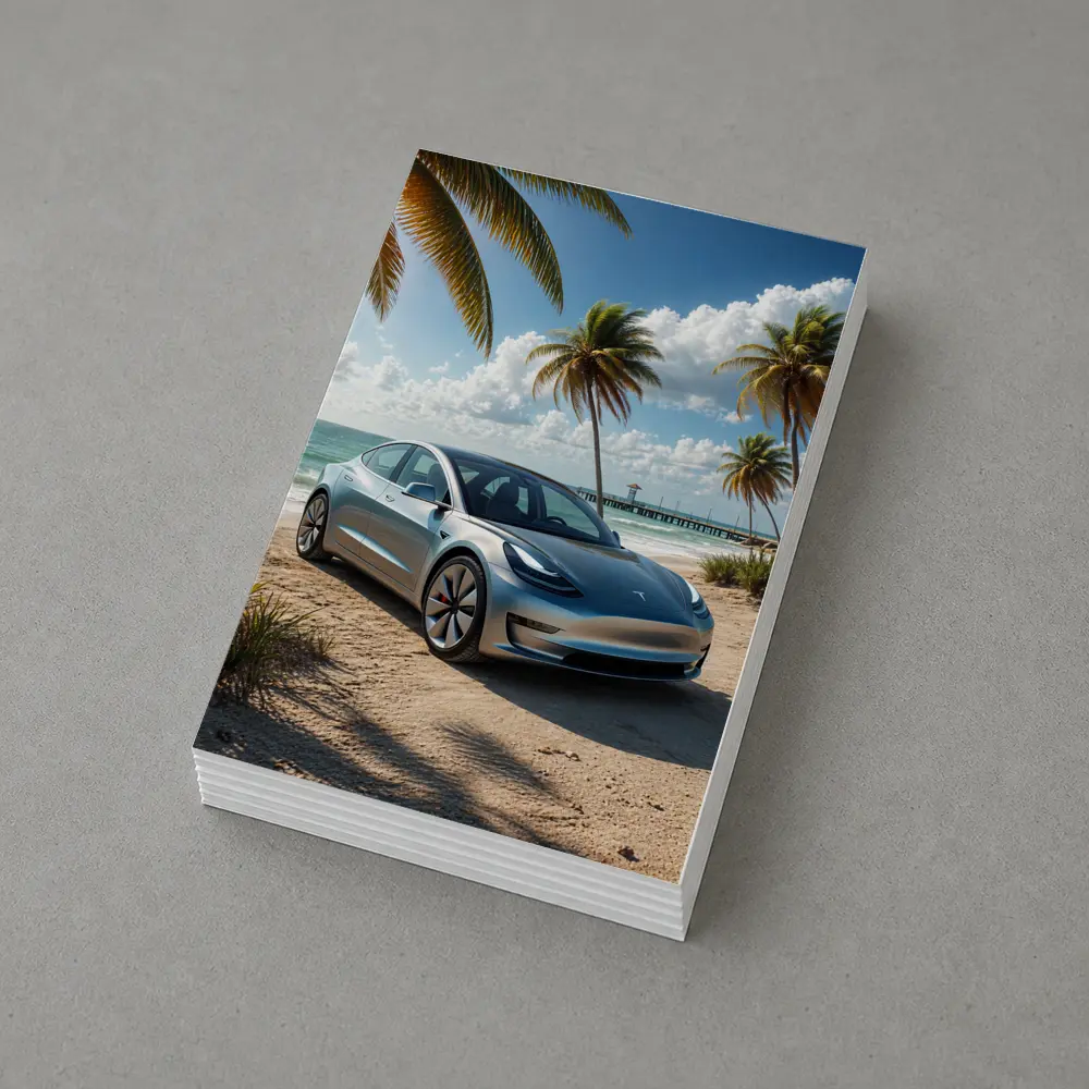 Tesla Model 3 Parked on Tropical Beach – Postcards