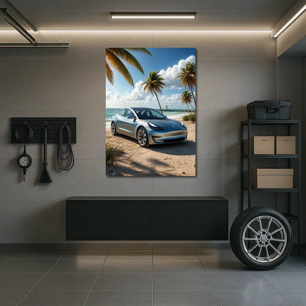 Tesla Model 3 Parked on Tropical Beach – Wall Art