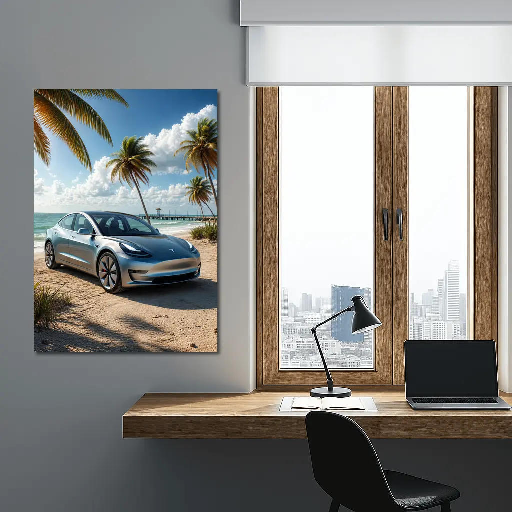 Tesla Model 3 Parked on Tropical Beach – Wall Art