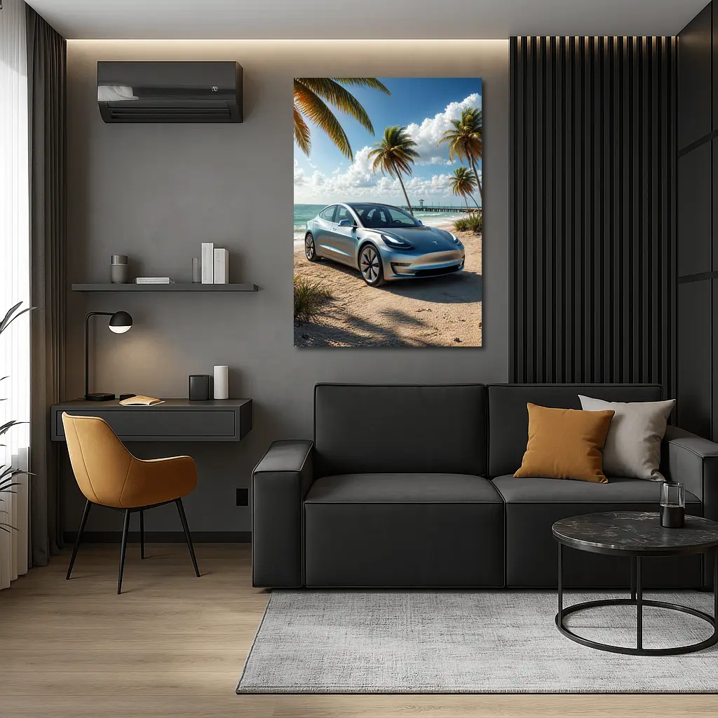 Tesla Model 3 Parked on Tropical Beach – Wall Art