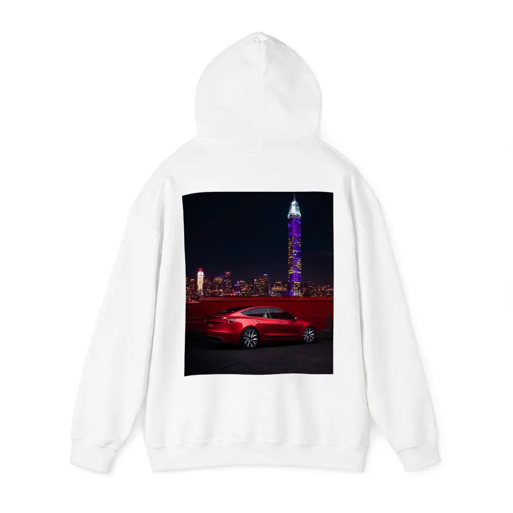 Tesla Model 3 Red City Night Skyline – Hoodies