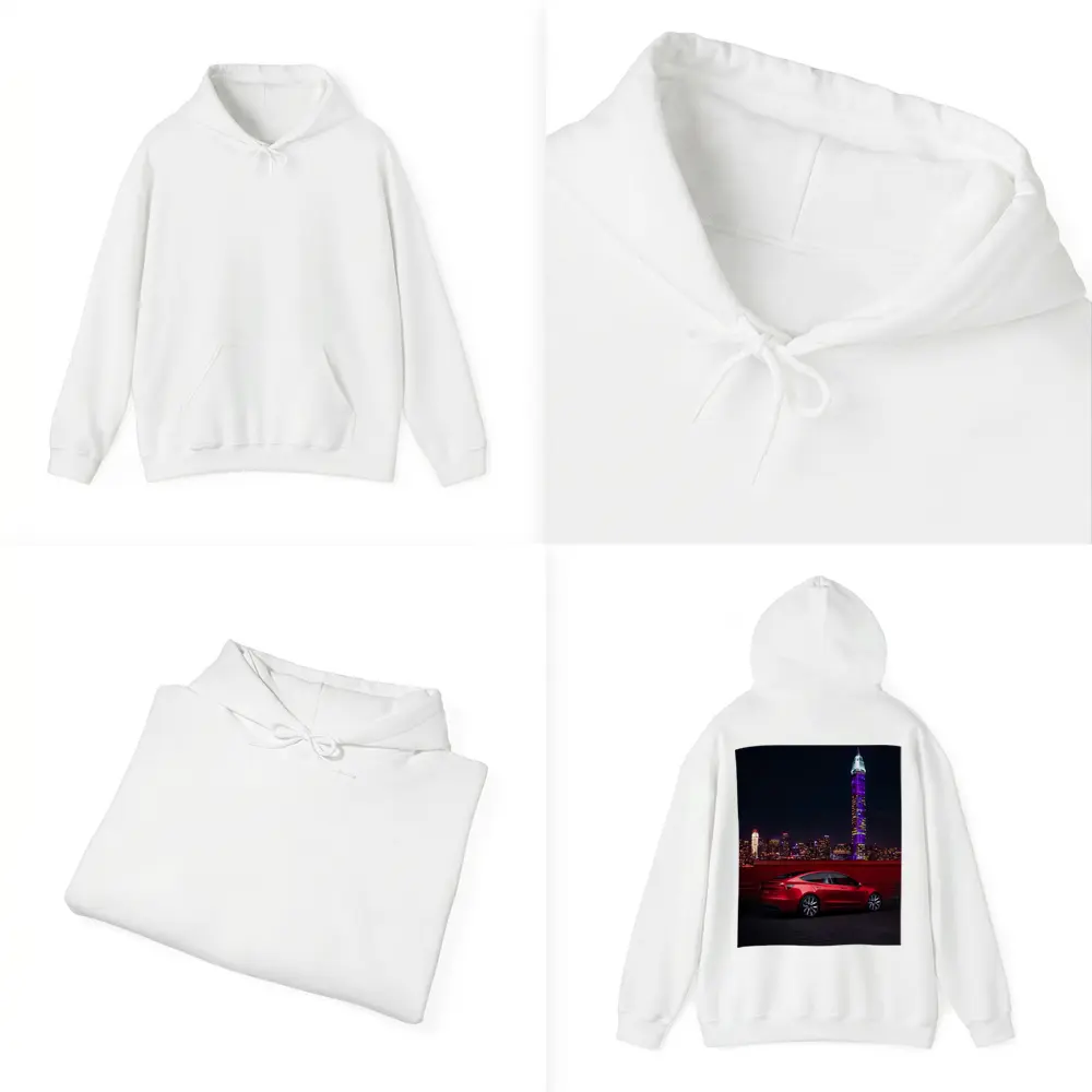 Tesla Model 3 Red City Night Skyline – Hoodies