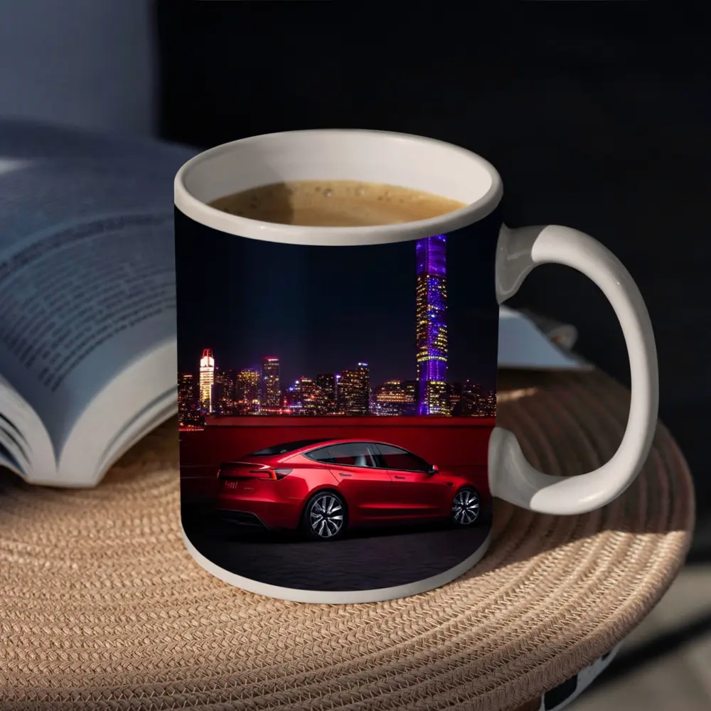 Tesla Model 3 Red City Night Skyline – Mugs