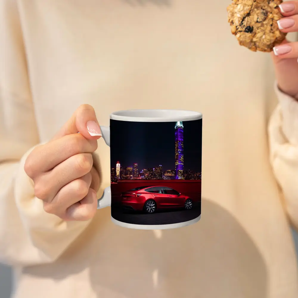 Tesla Model 3 Red City Night Skyline – Mugs