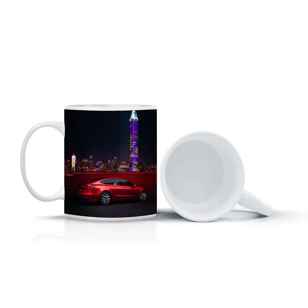 Tesla Model 3 Red City Night Skyline – Mugs