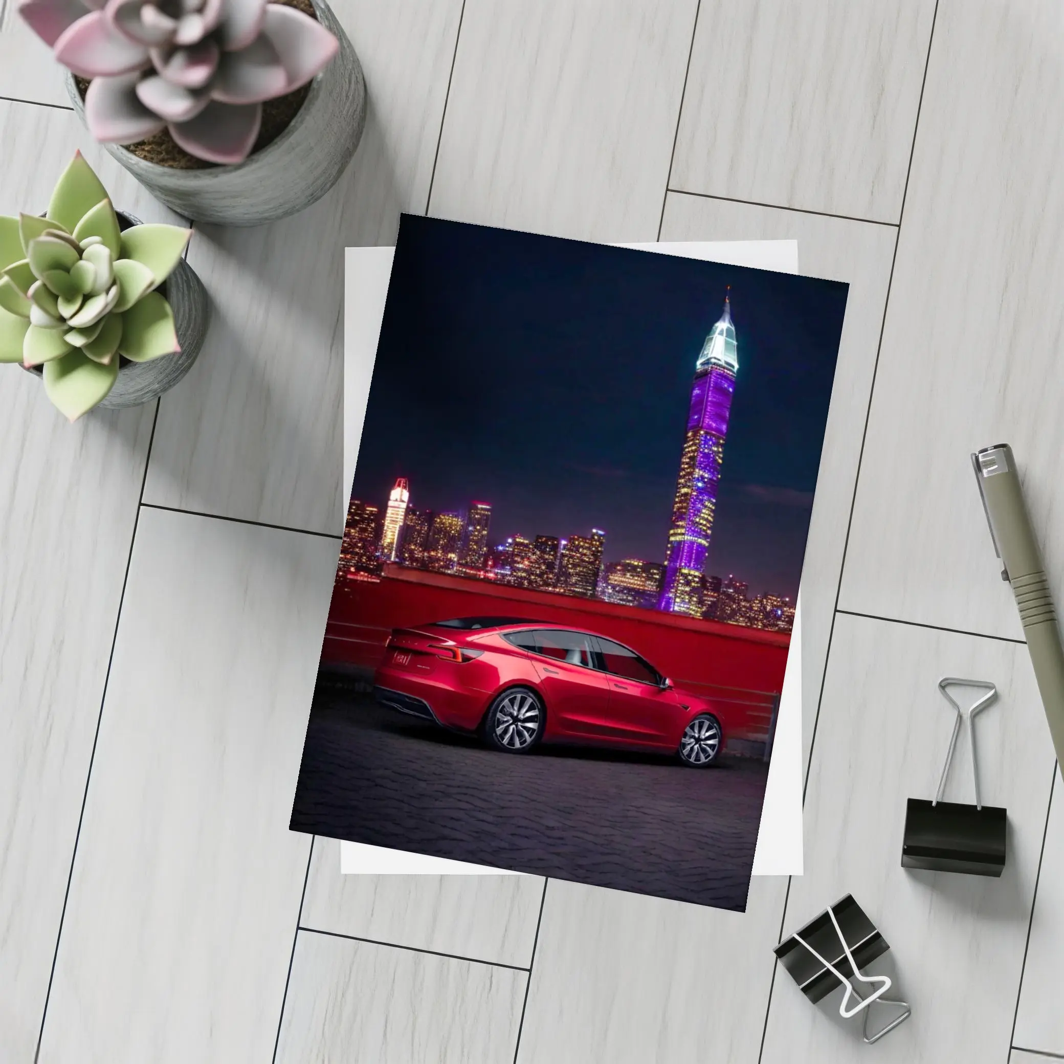 Tesla Model 3 Red City Night Skyline – Postcards