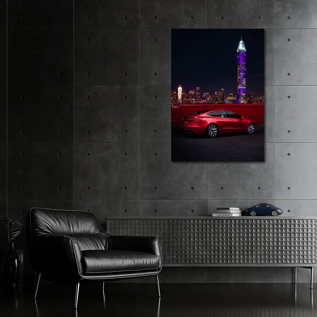 Tesla Model 3 Red City Night Skyline – Wall Art