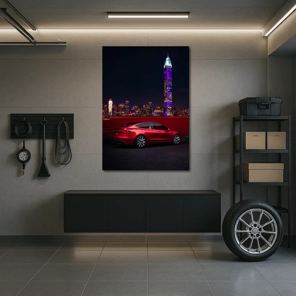 Tesla Model 3 Red City Night Skyline – Wall Art