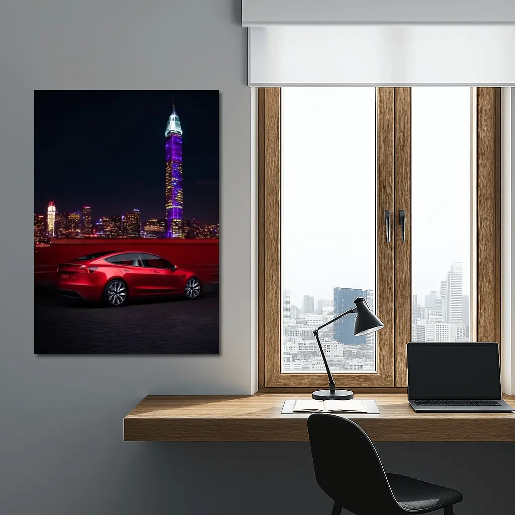 Tesla Model 3 Red City Night Skyline – Wall Art