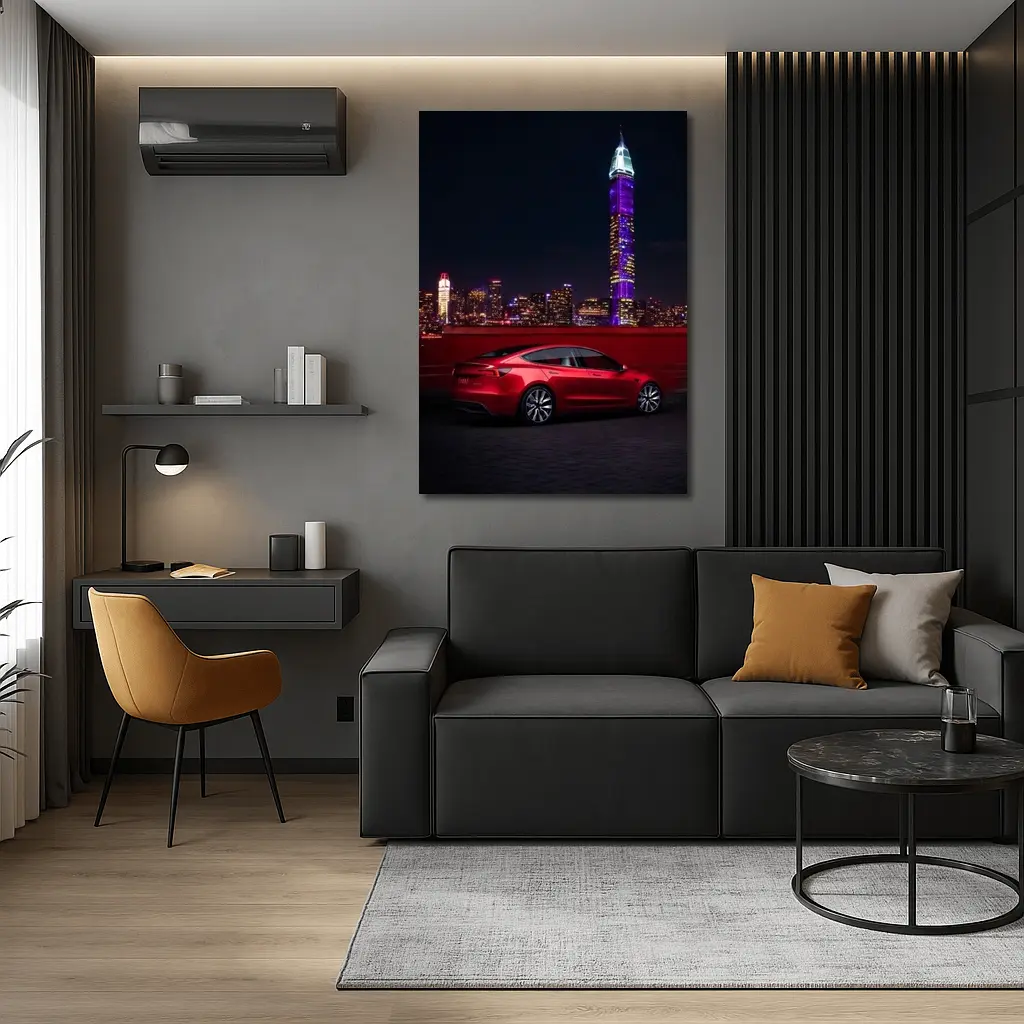 Tesla Model 3 Red City Night Skyline – Wall Art