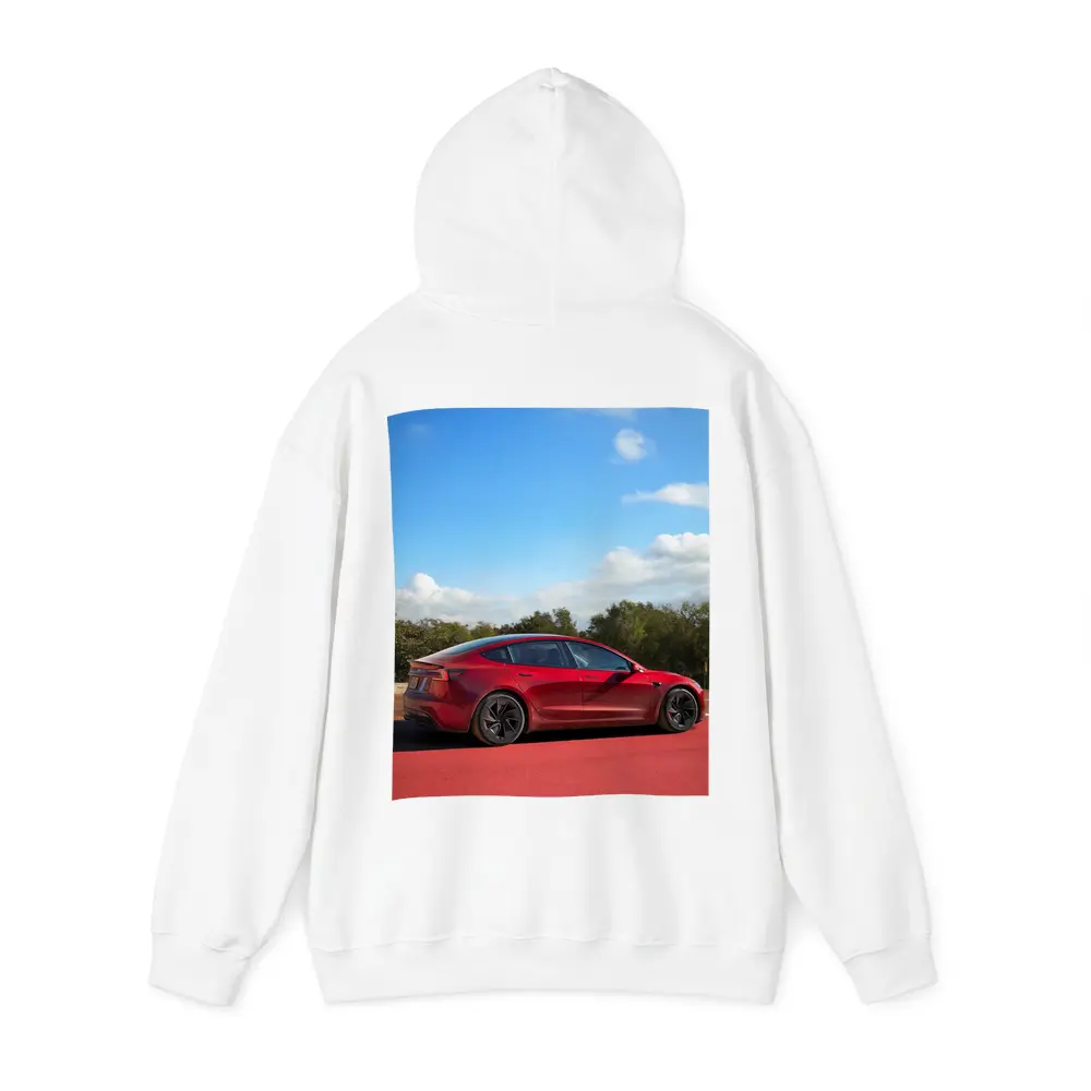 Tesla Model 3 Red Street Blue Sky – Hoodies