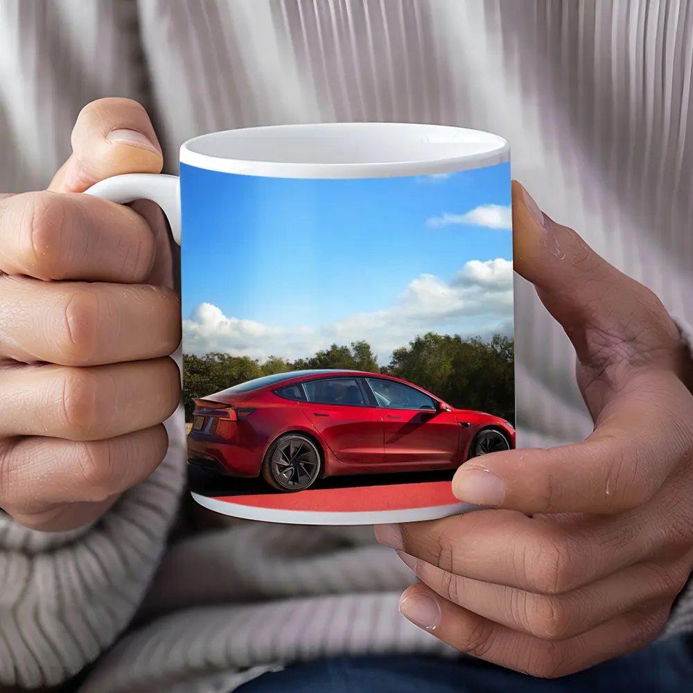 Tesla Model 3 Red Street Blue Sky – Mugs