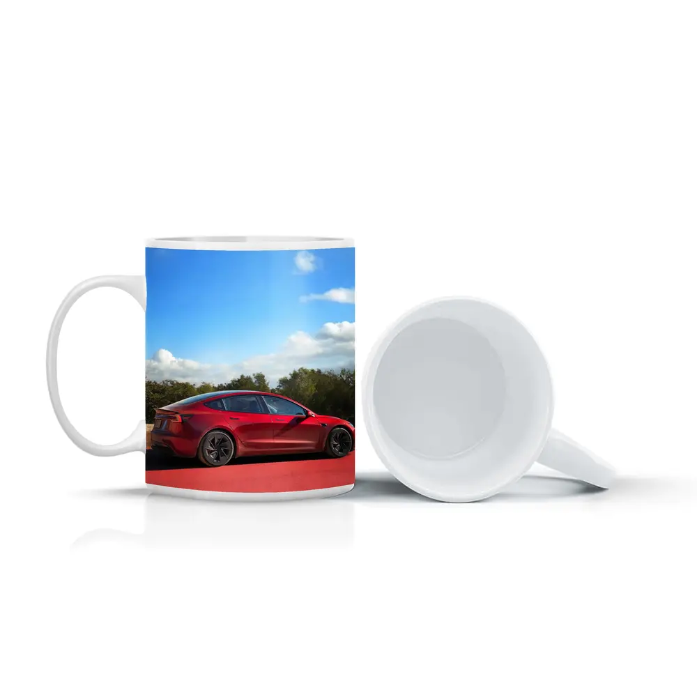 Tesla Model 3 Red Street Blue Sky – Mugs
