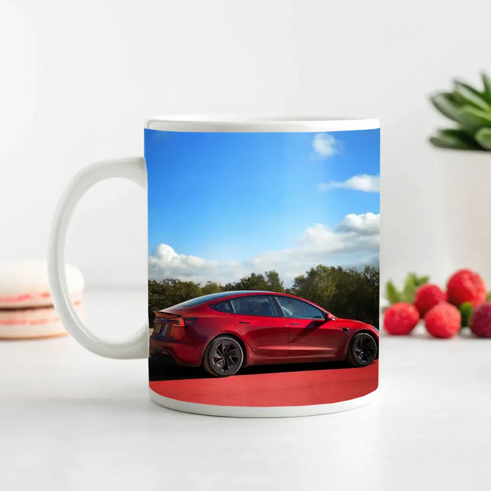 Tesla Model 3 Red Street Blue Sky – Mugs