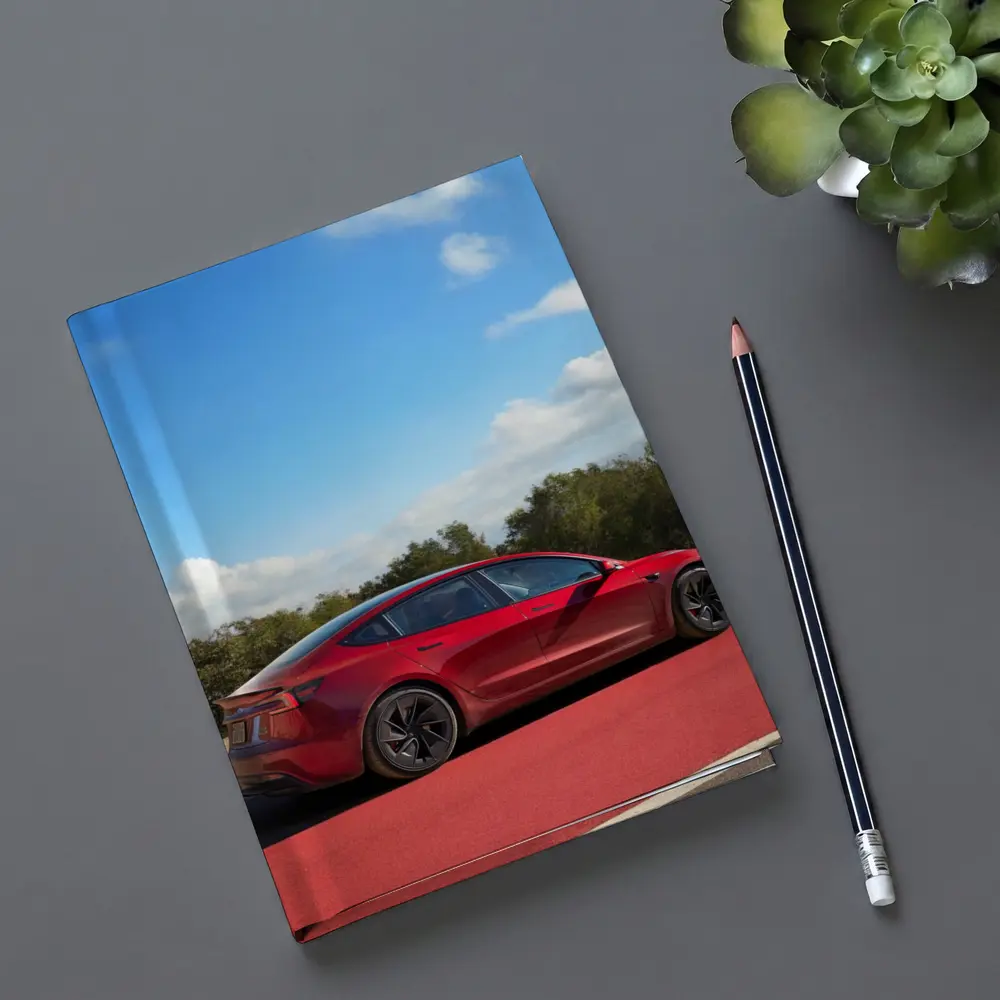 Tesla Model 3 Red Street Blue Sky – Notebooks